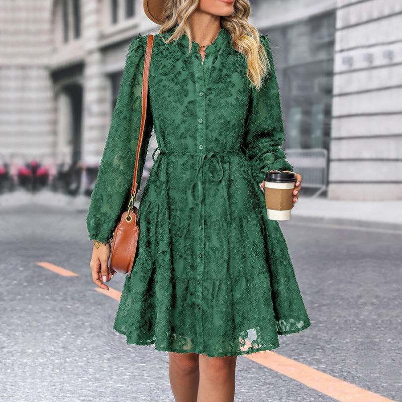 Standing Neck Long Sleeve Lace Jacquard Midi Dress