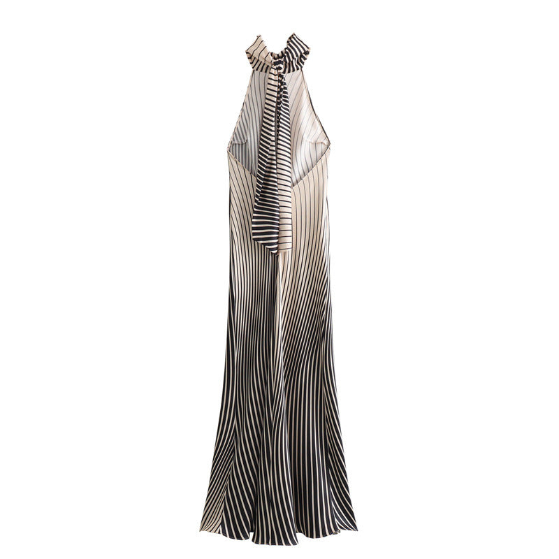 Stripped Halter Backless Maxi Party Dress