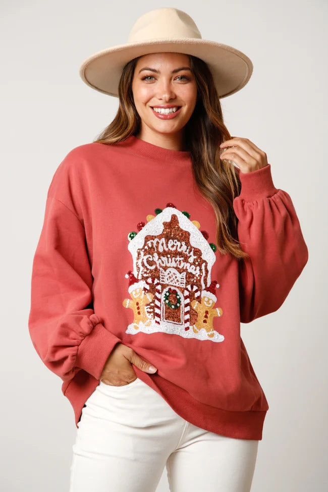 Christmas Casual Loose Long Sleeves Candy House Sequined Sweatshirt