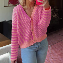 Load image into Gallery viewer, Pink Striped Buttoned V Neck Drop Shoulder Cardigan
