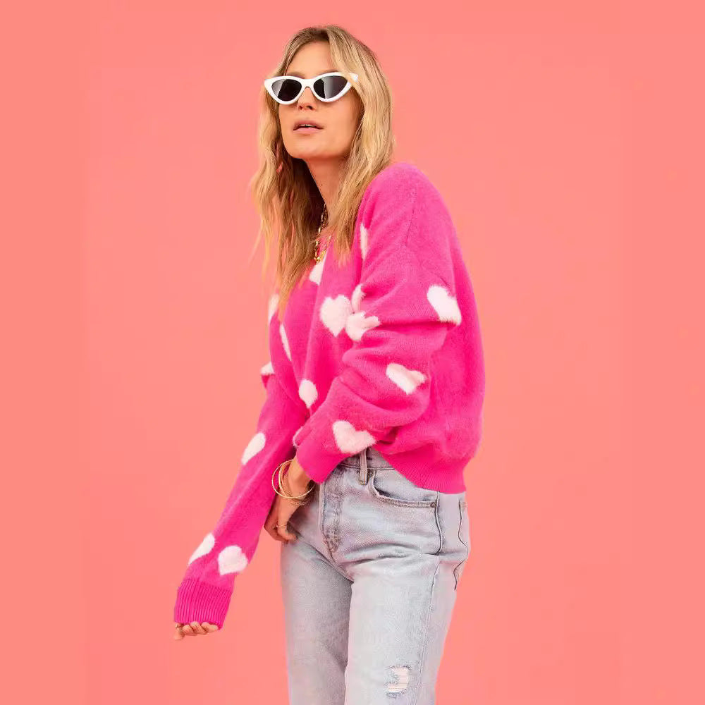 Heart Round Neck Dropped Shoulder Sweater