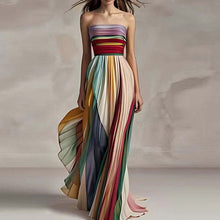 Load image into Gallery viewer, Elegant Rainbow Striped Strapless Pleated Maxi Dress
