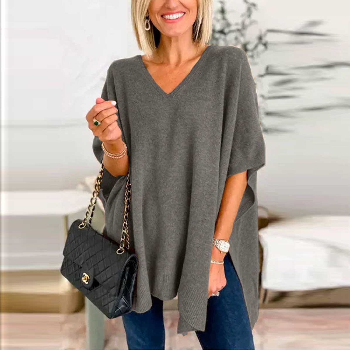 Classic V Neck Loose Fit Solid Poncho Sweater