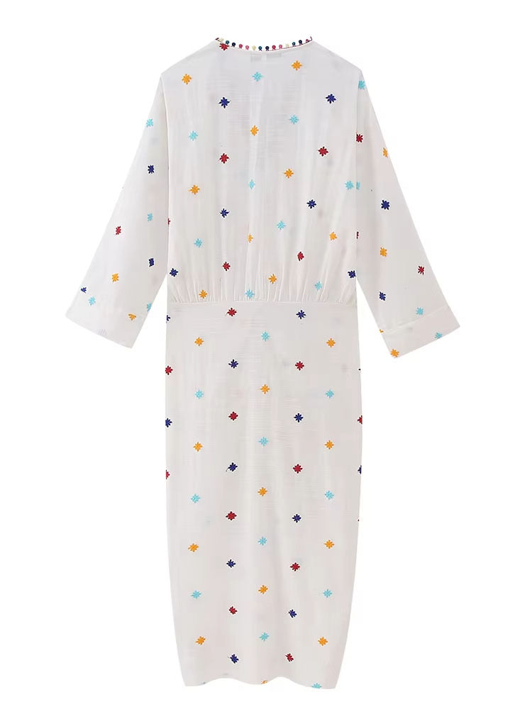 White V-neck Embroidery Long Sleeve Midi Dress