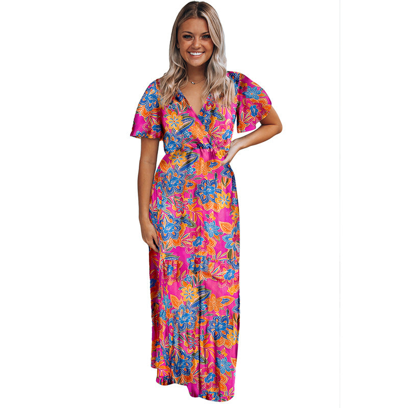Wrap V Neck Floral Maxi Dress