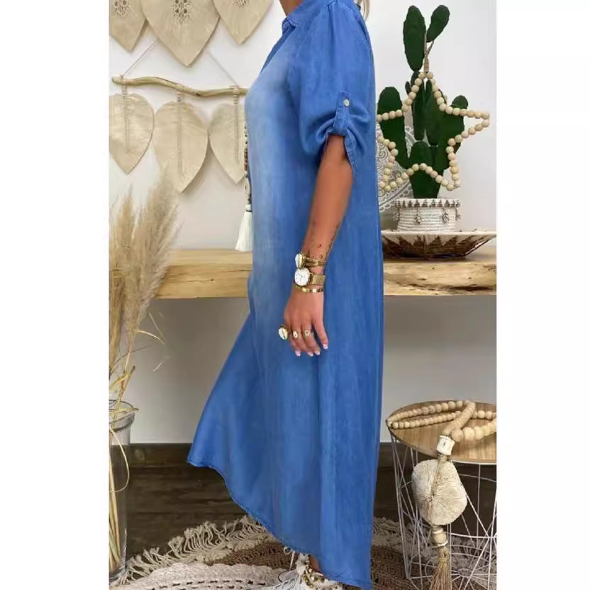 Washe Collar Maxi Denim Dress