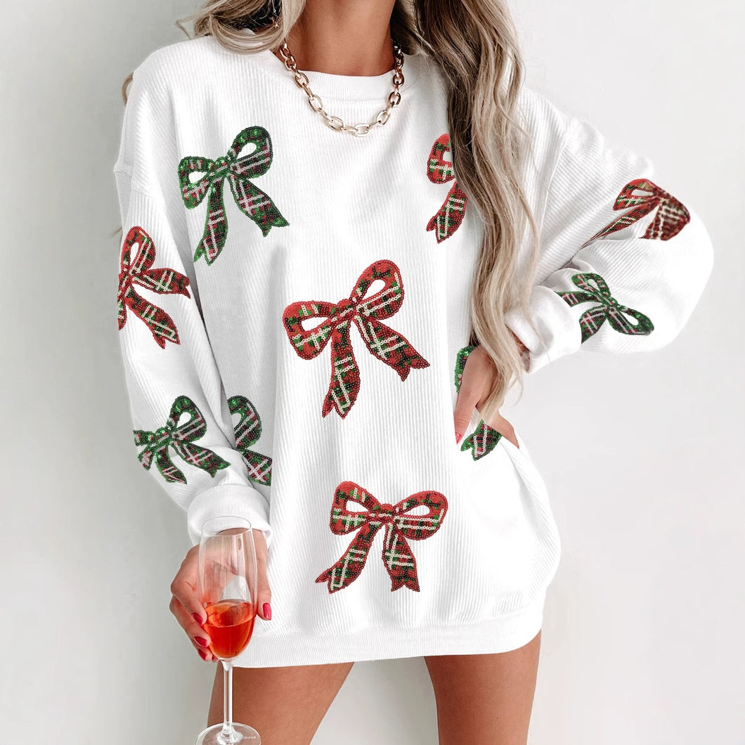 White Plaid Bowknot Sequins Sweatshirt