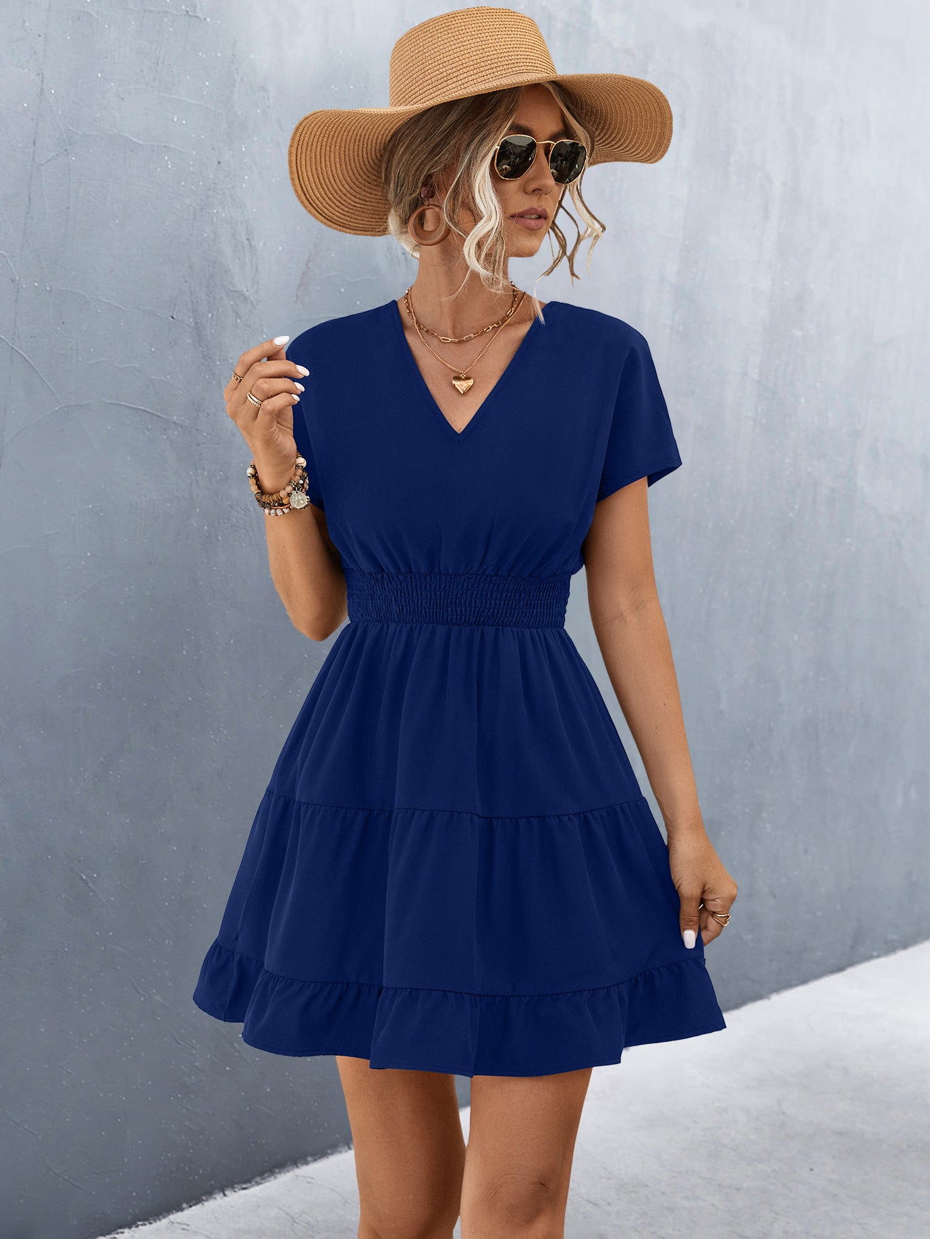 Short Sleeves V Neck Smock Waist Tiered Ruffled Dress