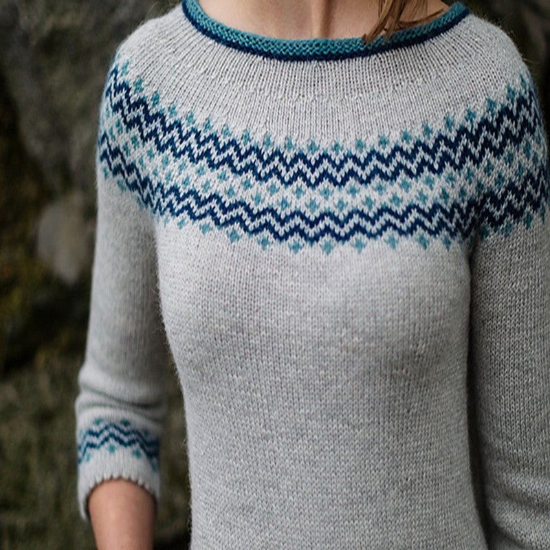 Grey  Knitted Crew Neck Icelandic Knit Pullover Sweater