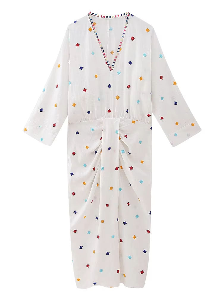 White V-neck Embroidery Long Sleeve Midi Dress