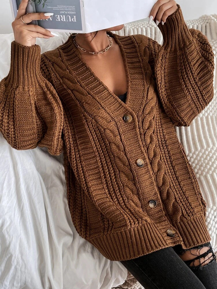 Casual Plain V neck Long Sleeve Cardigan
