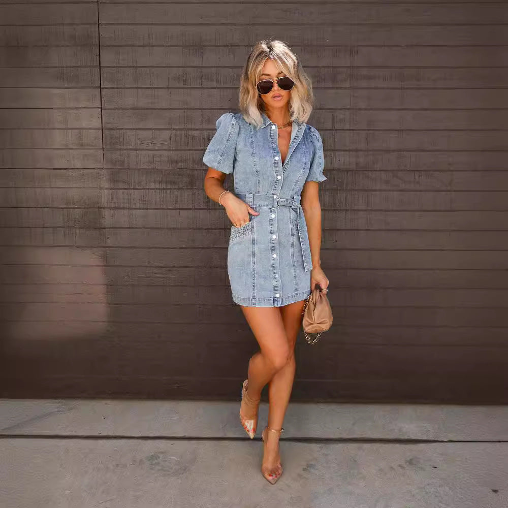 Buttons Down Short Sleeves Denim Mini Dress