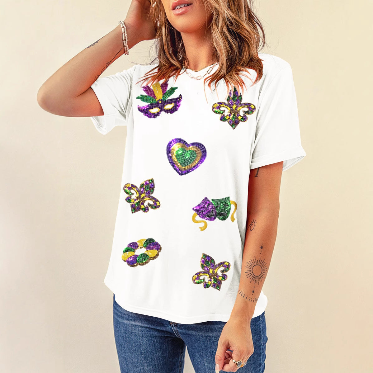 White Sequin Mardi Gras Short Sleeve T-shirt