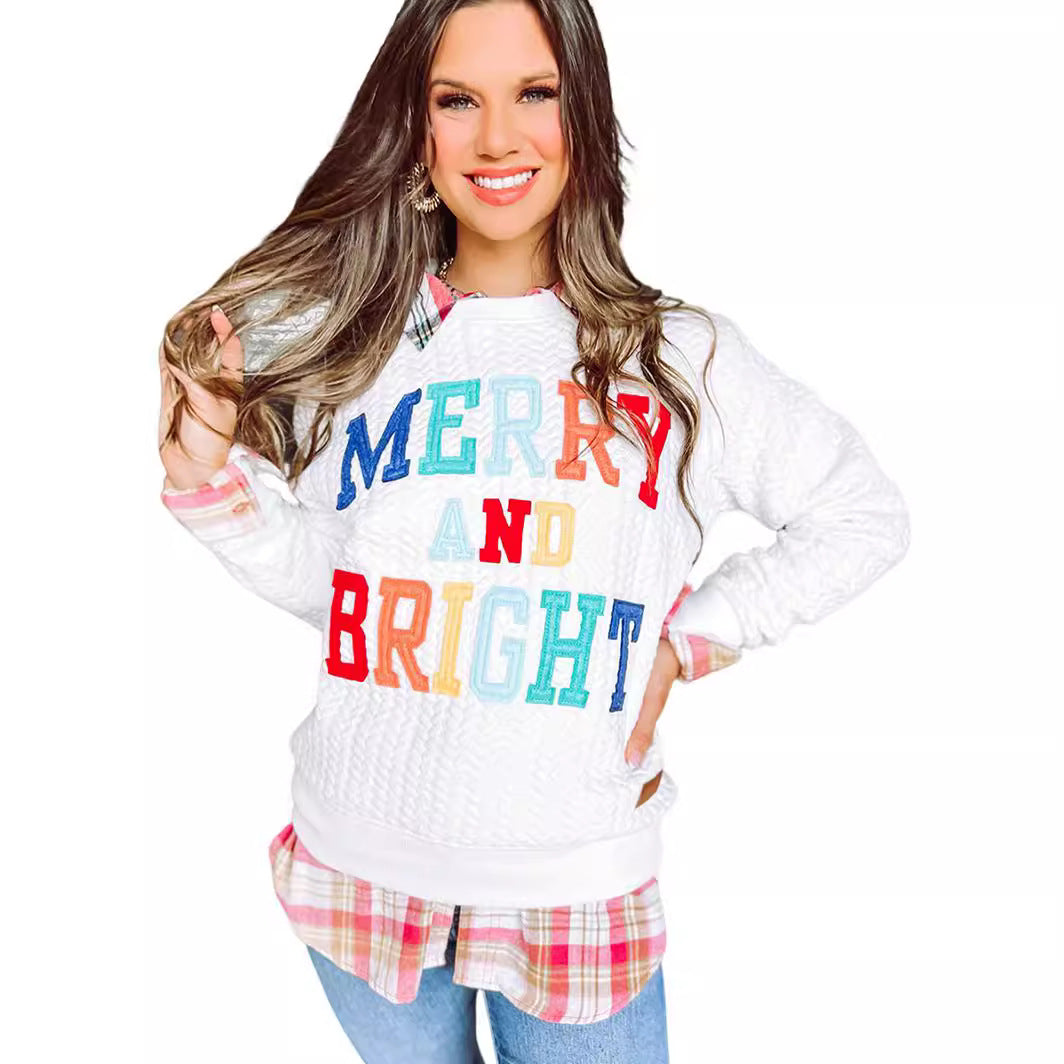 Christmas Merry and Bright Letter Print Loose Casual Long-sleeved Sweatshirt
