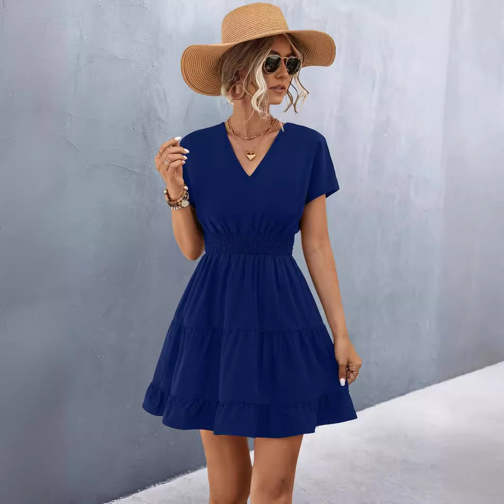 Short Sleeves V Neck Smock Waist Tiered Ruffled Dress
