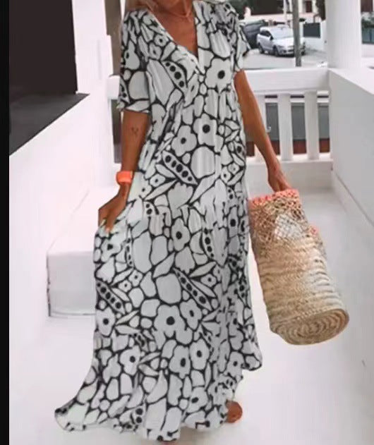 Loose Floral Print Short Sleeves Maxi Dress