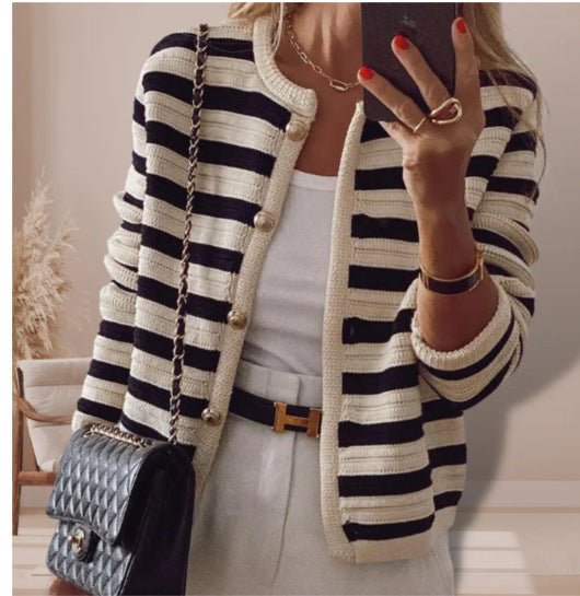 Striped Knitted Button Crew Neck Cardigan