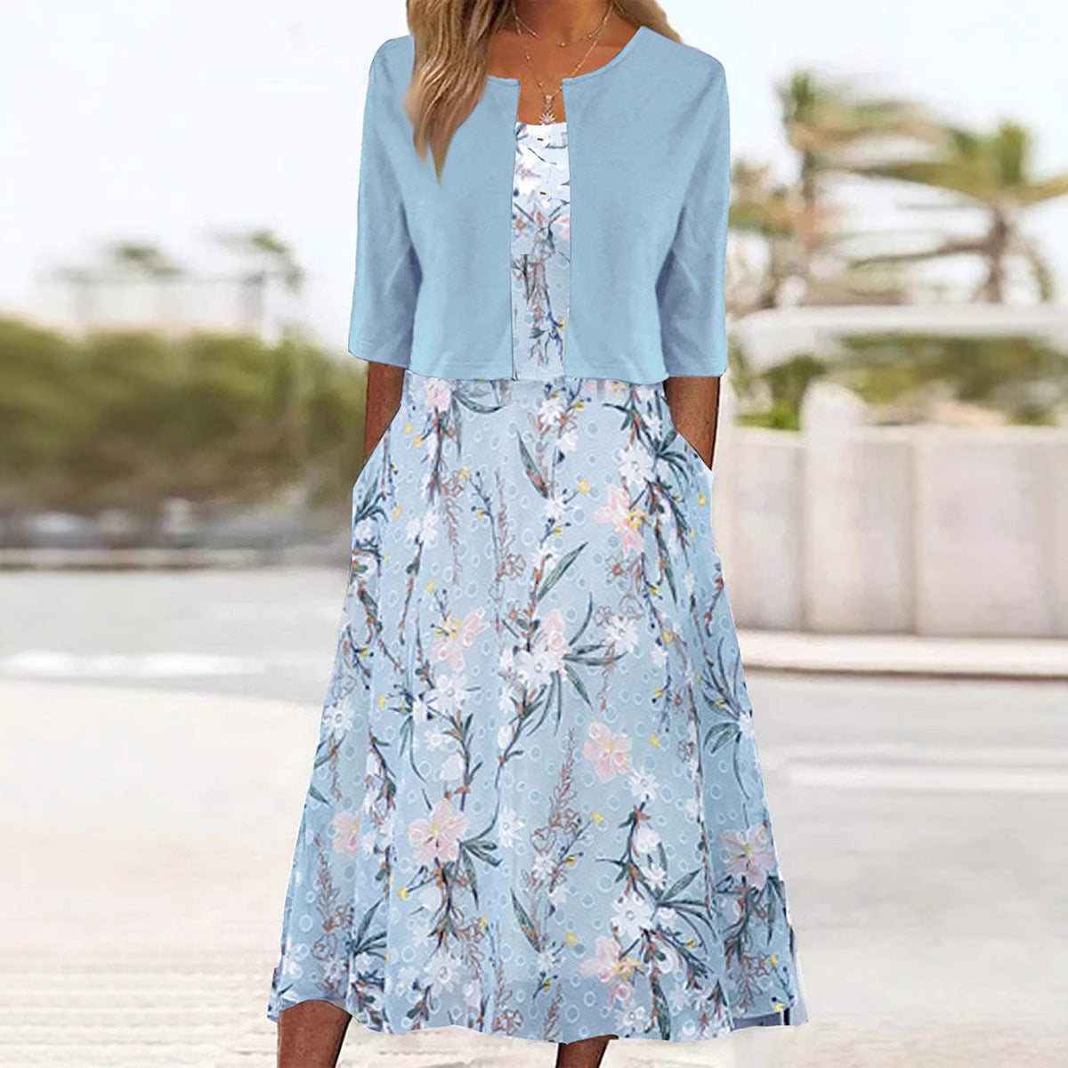 Blue Floral Dress With Open Front Jacket Two Piece Dress