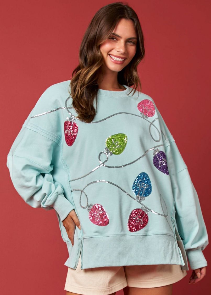 Christmas Lights Sequin Long Sleeve Slit Pullover Sweatshirt