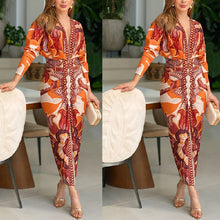 Load image into Gallery viewer, Orange Print Ruched Party Midi Dress
