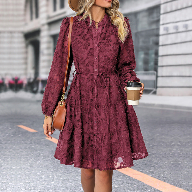 Standing Neck Long Sleeve Lace Jacquard Midi Dress