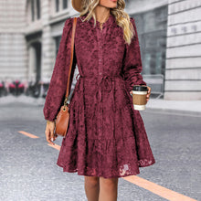 Load image into Gallery viewer, Standing Neck Long Sleeve Lace Jacquard Midi Dress
