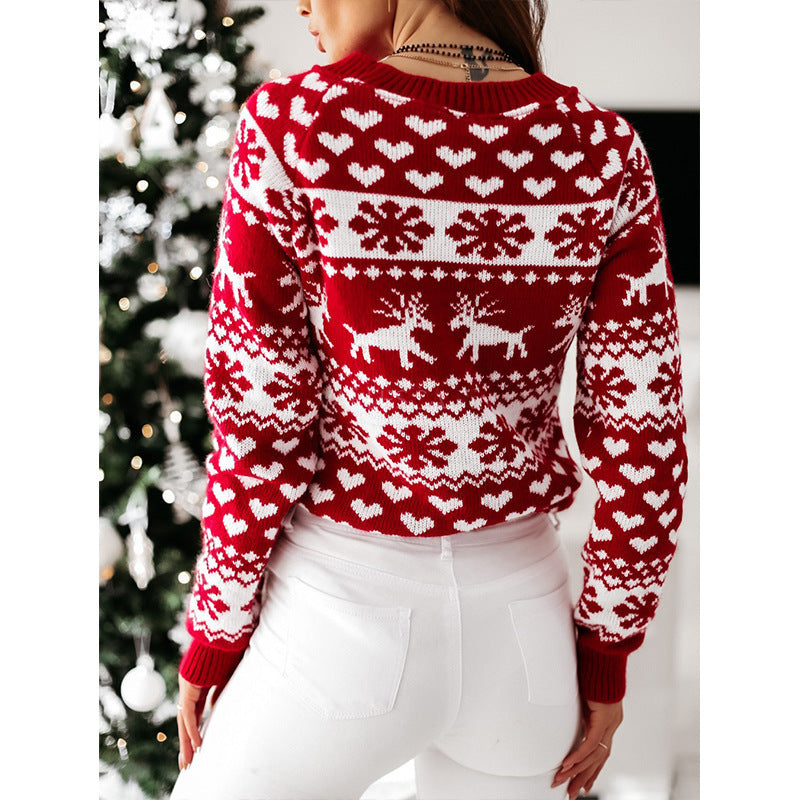 Christmas Elk Snowflake Heart Long Sleeves Knitted Sweater