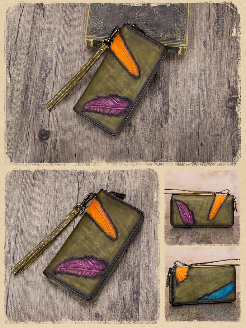 Women's Wallet Genuine Leather Zip Around Wristlet Long Purse Unique Embossed Handmade Clutch