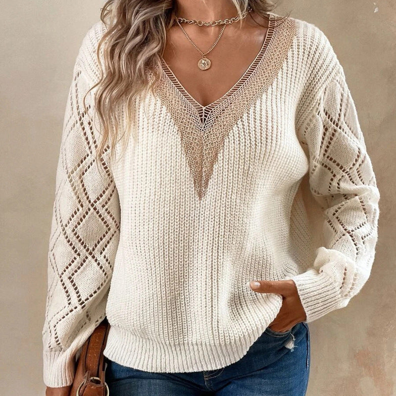 Classic V-Neck Lace Trim Casual Knitted Sweater