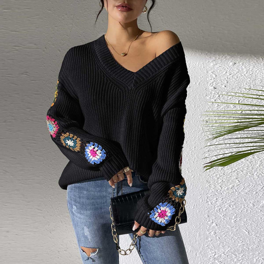 Black Crochet Flower Splicing V-Neck Pullover Sweater