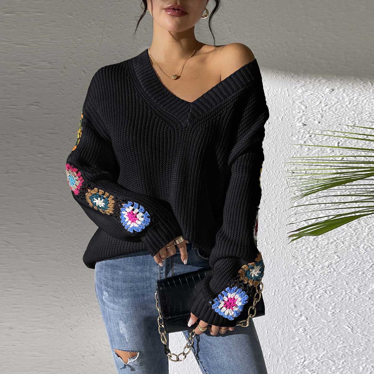 Black Crochet Flower Splicing V-Neck Pullover Sweater