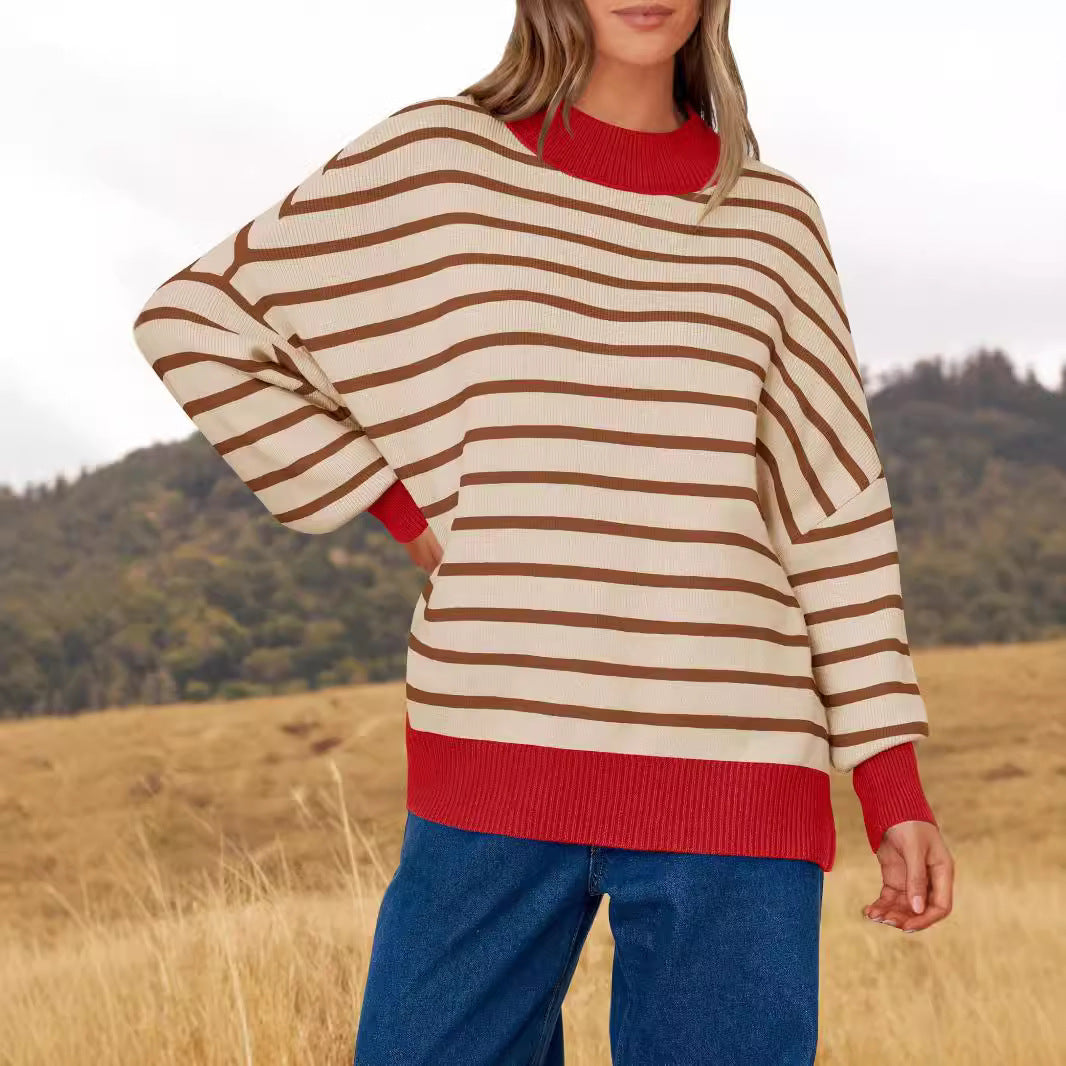 Oversized Crewneck Casual Long Sleeve Contrast Loose Knit Pullover Sweaters Top