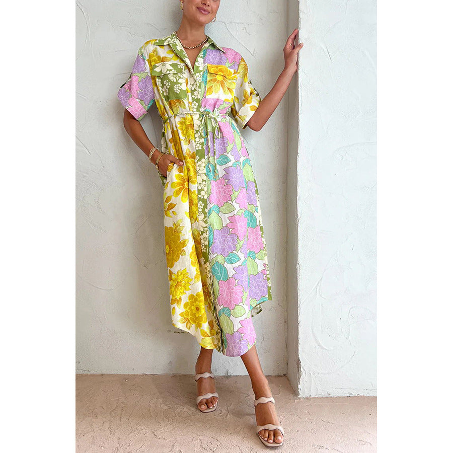 Color Block Floral Print Buttons Down Midi Dress