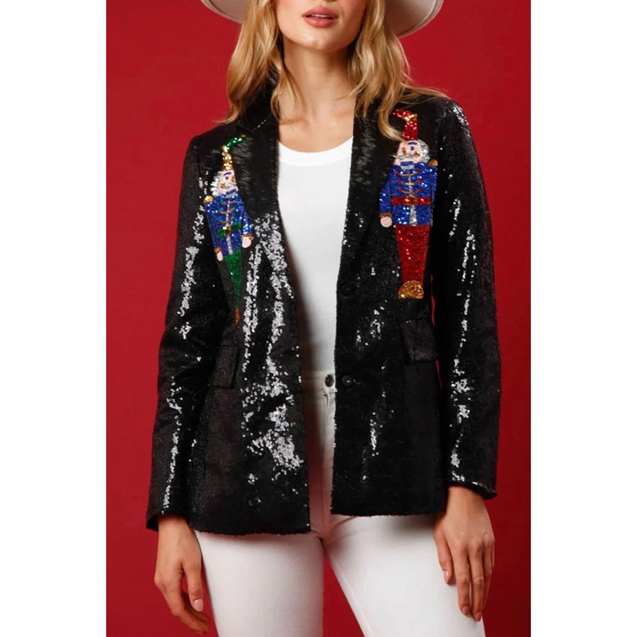 Casual Christmas Nutcracker Sequins Turn-back Collar Blazer Outerwear