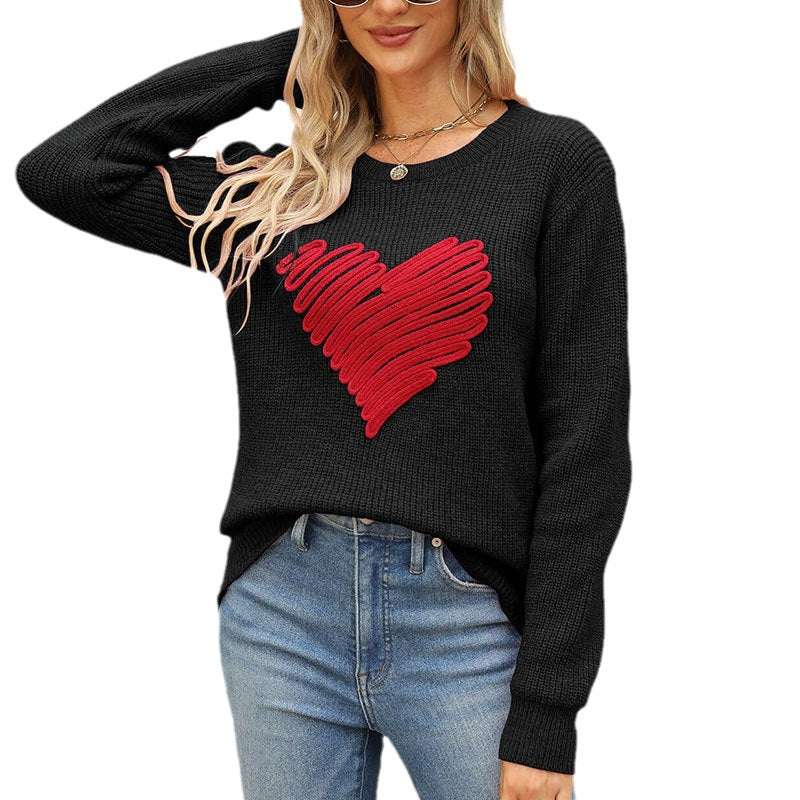 Casual Loose Pullover Sweater Heart Embroidery Chunky Knit Long Sleeve Valentine Sweater