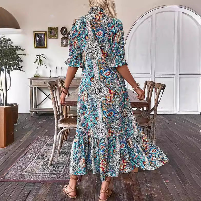 Boho Print Half Sleeves Loose Midi Dress