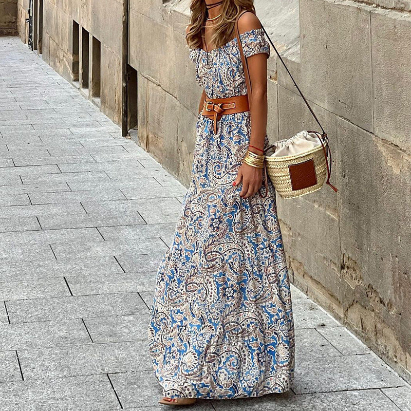 Blue Boho Paisley Print Off Shoulder Maxi Dress