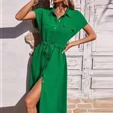 Load image into Gallery viewer, Simple Short Sleeves Collar Drawstring Waist Shirt Midi Dress
