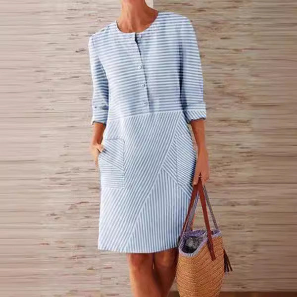 Buttons Down Stripped Midi Dress with Pockets