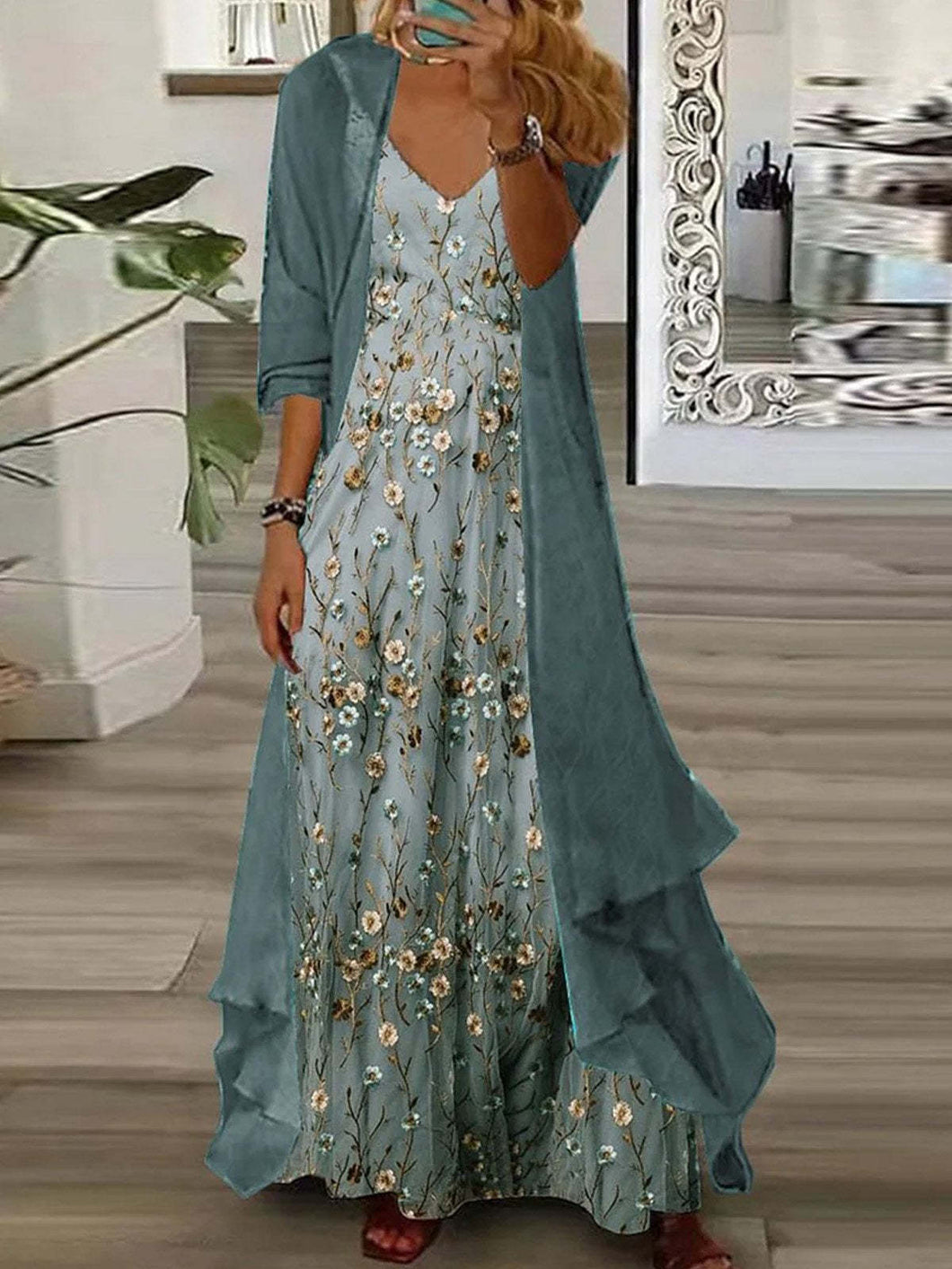 Retro Embroidery Dress with Chiffon Jacket