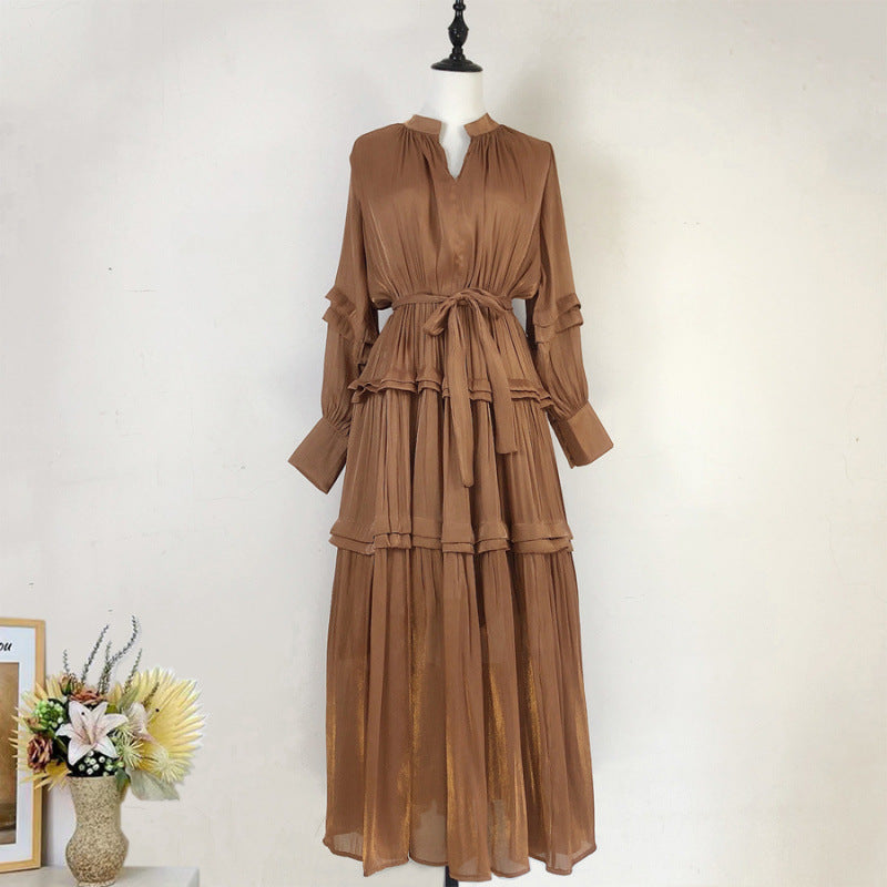 Elegant Lantern Long Sleeves V-Neck Pleated Tiered Maxi Dress