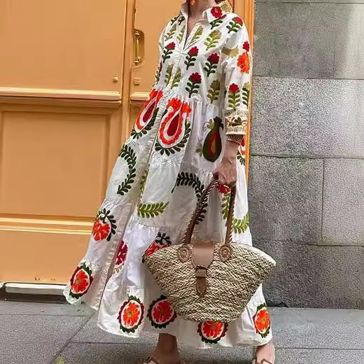 Botanical Print Lapel Ruffled Resort Maxi Dress