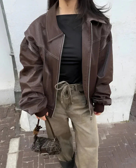Loose Long Sleeve Zipper Leather Jacket