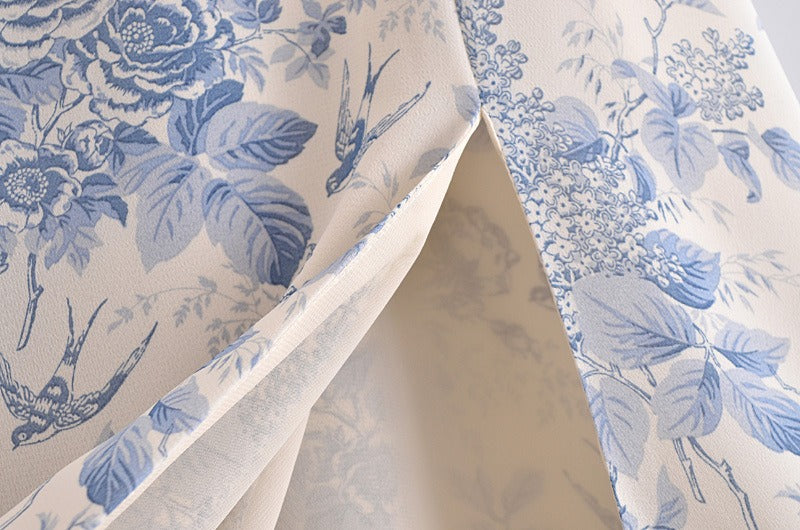 Blue Floral Print Ruffled Sleeves Slit Side Midi Dress