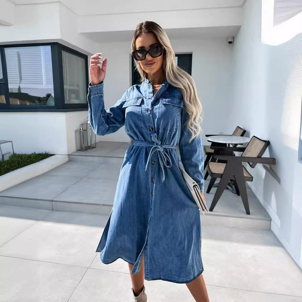 Long-Sleeve Collar Washed Tie Waist Button-Up Denim Slit Midi A-Line Shirt Dress