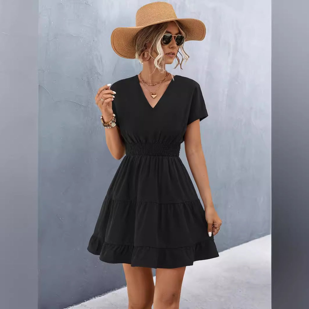 Short Sleeves V Neck Smock Waist Tiered Ruffled Dress
