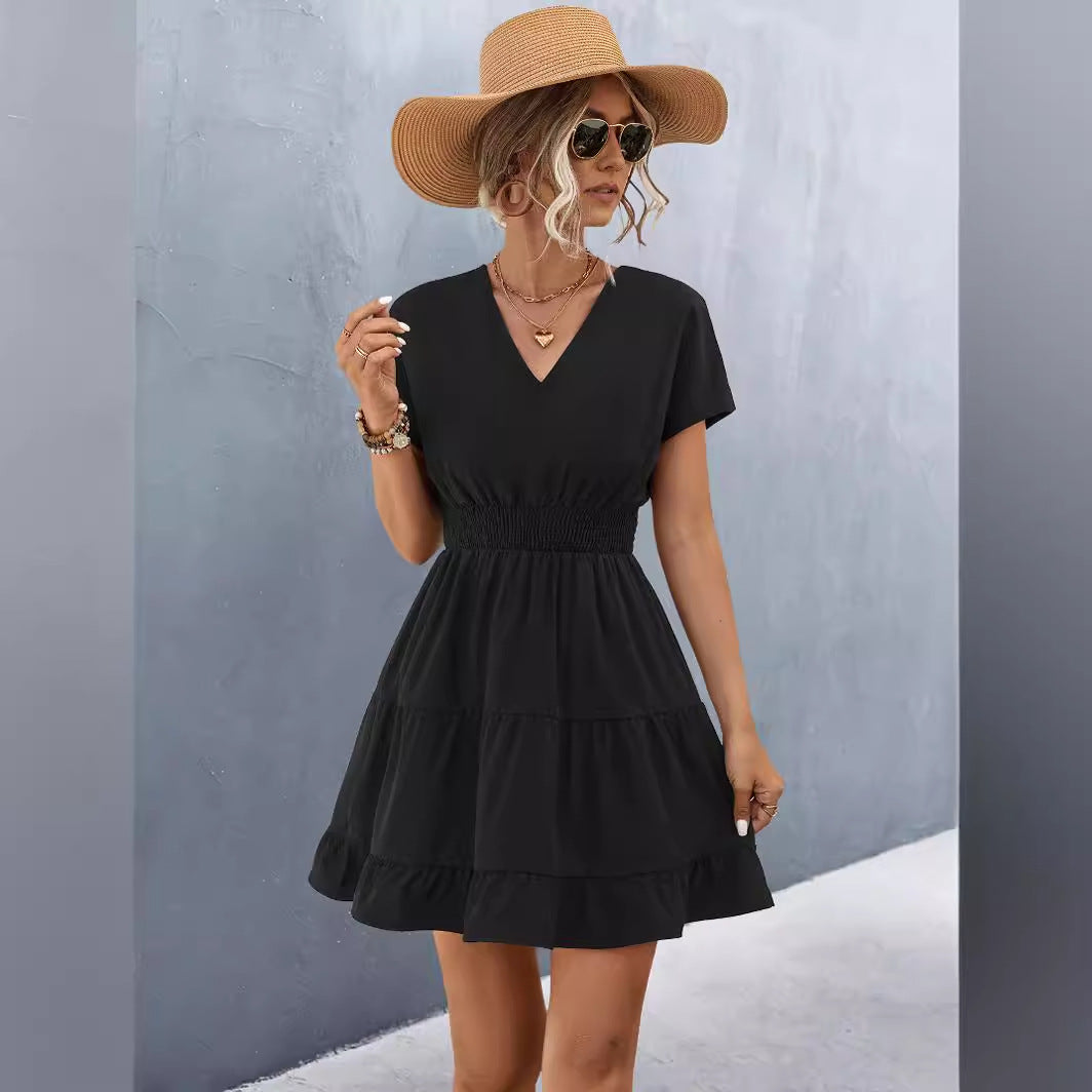 Short Sleeves V Neck Smock Waist Tiered Ruffled Dress