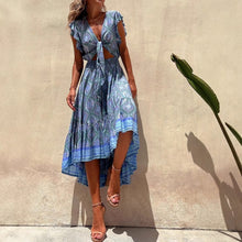 Load image into Gallery viewer, Hippie Boho Printed Tie Front Ruffle Sleeve Smocked Midi Dress
