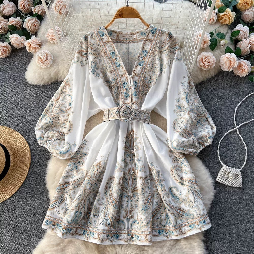 Elegant Floral Print V-Neck Long Sleeve Mini Dress