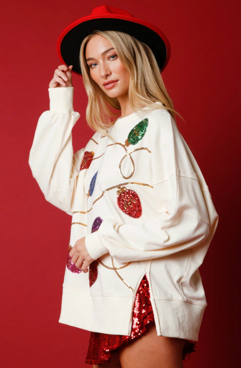 Christmas Lights Sequin Long Sleeve Slit Pullover Sweatshirt
